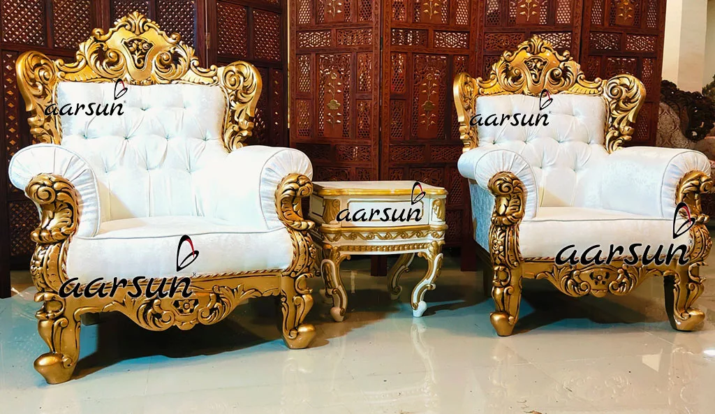 Teak Wood Gold Sofa Chair with Side Table view 4